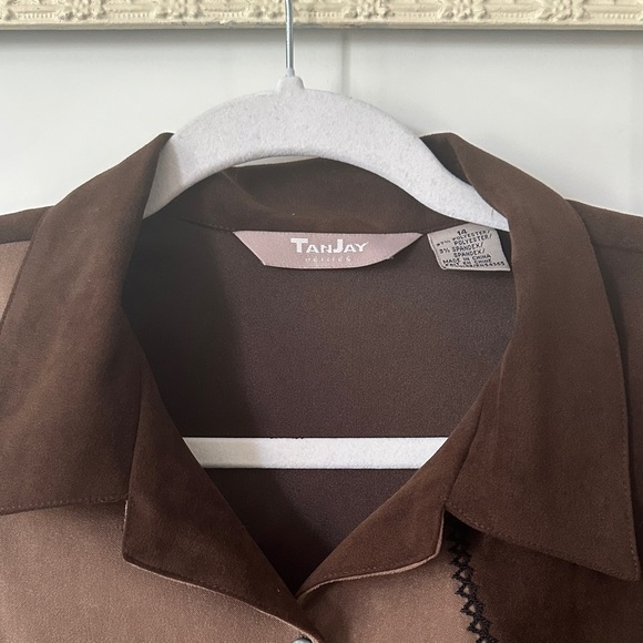 TANJAY | Vintage Brown Mixed Media Animal Print Embroidered Button Up Blouse - Picture 3 of 15